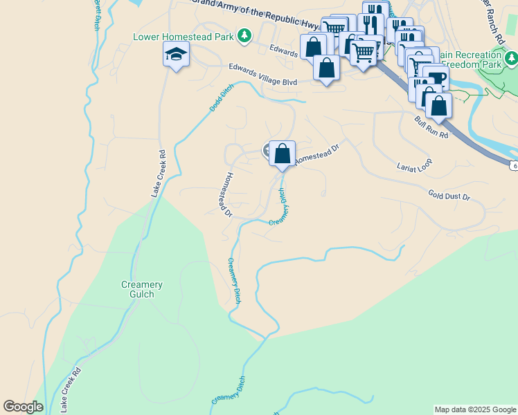 map of restaurants, bars, coffee shops, grocery stores, and more near 880 Homestead Drive in Edwards
