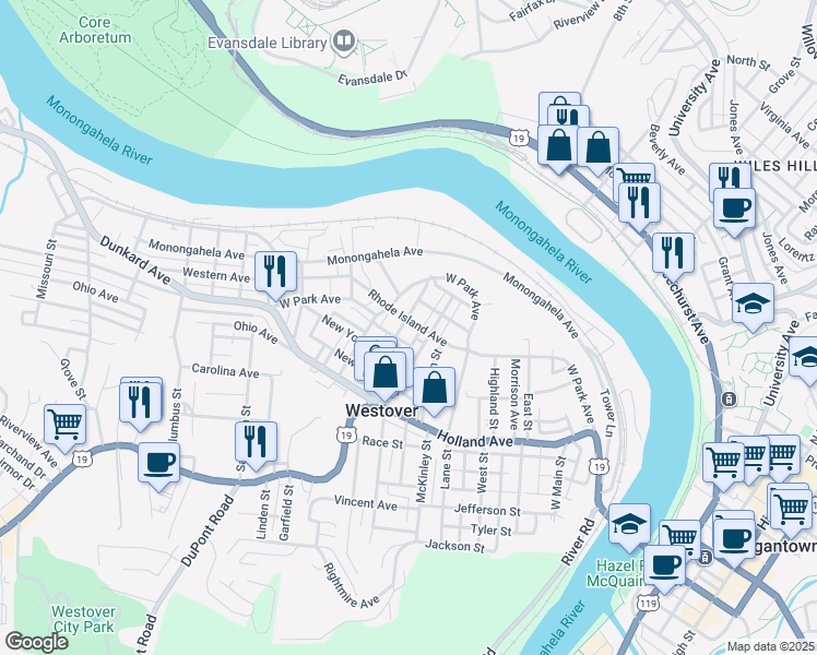 map of restaurants, bars, coffee shops, grocery stores, and more near 900-902 West Park Avenue in Westover