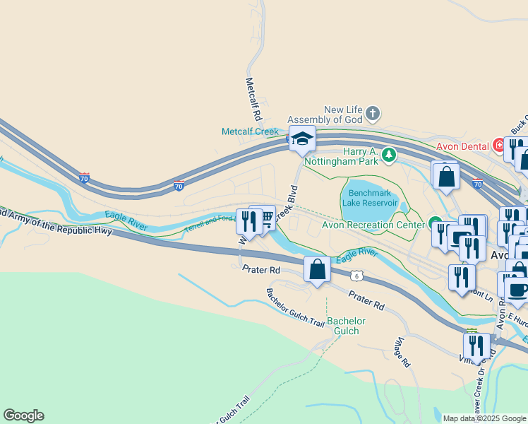 map of restaurants, bars, coffee shops, grocery stores, and more near The Aspens Mobile Home Park in Avon