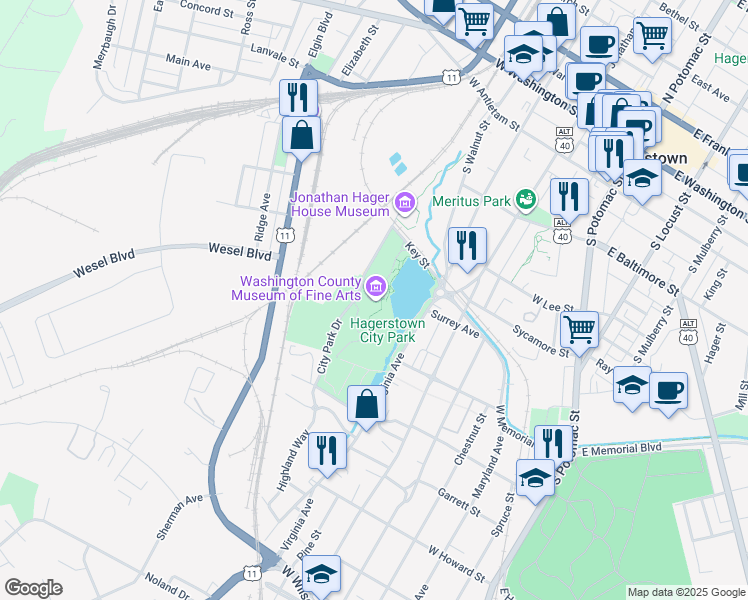 map of restaurants, bars, coffee shops, grocery stores, and more near 401 Museum Drive in Hagerstown