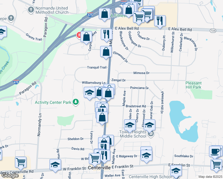 map of restaurants, bars, coffee shops, grocery stores, and more near 330 North Main Street in Centerville