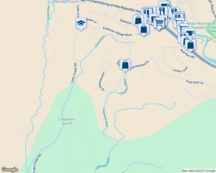 map of restaurants, bars, coffee shops, grocery stores, and more near 640 Homestead Drive in Edwards