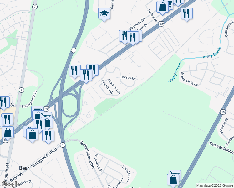 map of restaurants, bars, coffee shops, grocery stores, and more near 157 Channing Drive in Bear