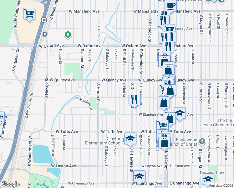 map of restaurants, bars, coffee shops, grocery stores, and more near 4353 South Elati Street in Englewood