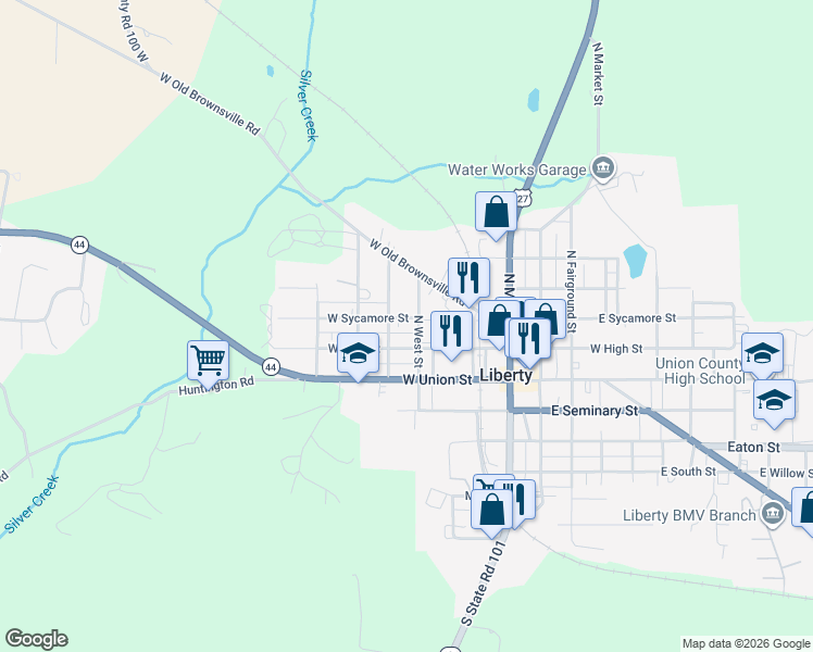map of restaurants, bars, coffee shops, grocery stores, and more near 207 North West Street in Liberty