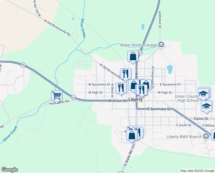 map of restaurants, bars, coffee shops, grocery stores, and more near 207 North West Street in Liberty