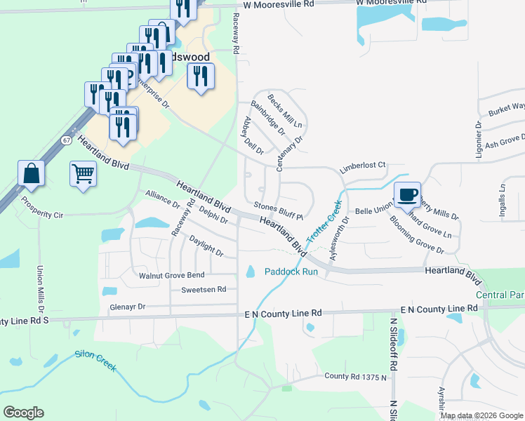 map of restaurants, bars, coffee shops, grocery stores, and more near 9209 Stones Bluff Place in Indianapolis