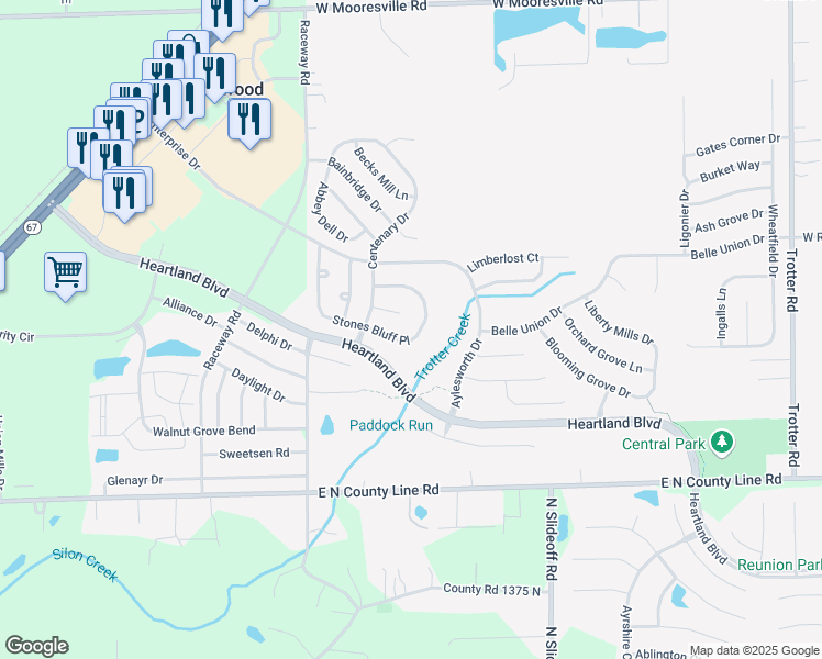 map of restaurants, bars, coffee shops, grocery stores, and more near 9014 Stones Bluff Place in Indianapolis
