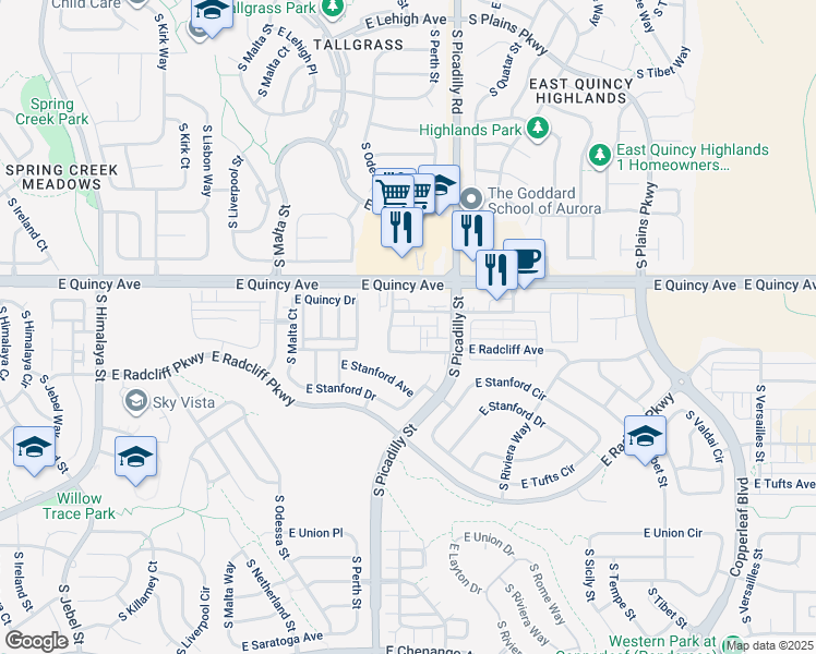 map of restaurants, bars, coffee shops, grocery stores, and more near 22004 East Quincy Avenue in Aurora