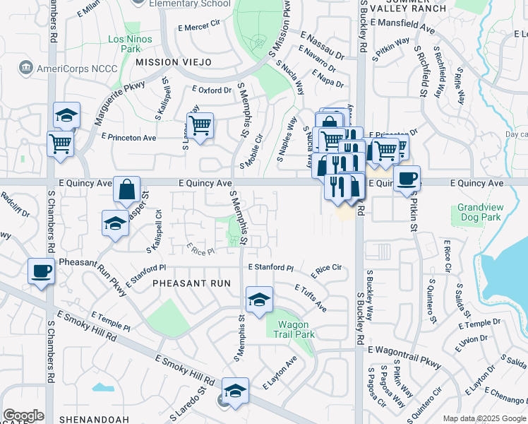map of restaurants, bars, coffee shops, grocery stores, and more near 16369 East Radcliff Place in Aurora