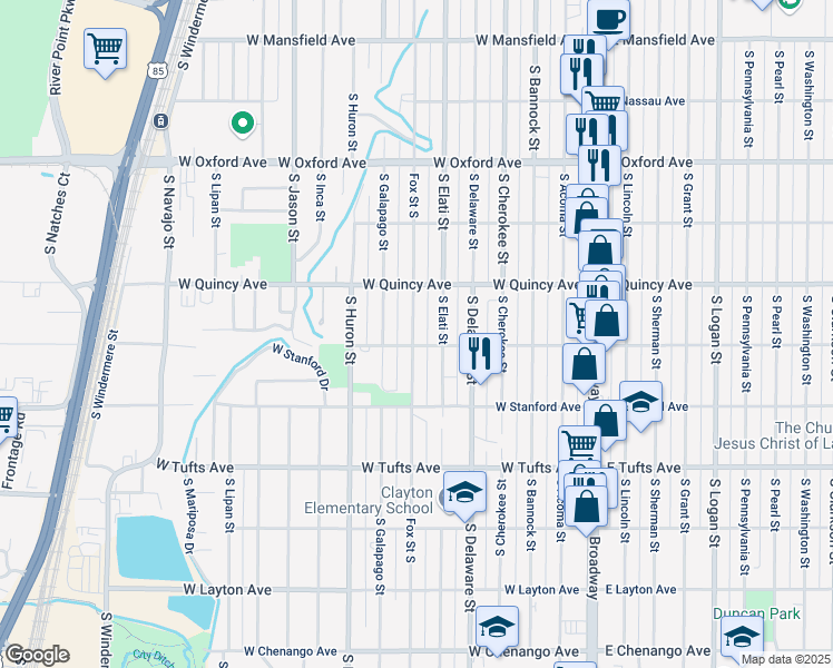 map of restaurants, bars, coffee shops, grocery stores, and more near 4353 South Elati Street in Englewood