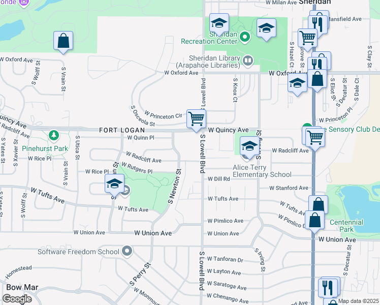 map of restaurants, bars, coffee shops, grocery stores, and more near 3790 West Quincy Avenue in Denver