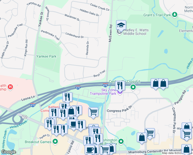 map of restaurants, bars, coffee shops, grocery stores, and more near 1029 Beryl Trail in Montgomery County