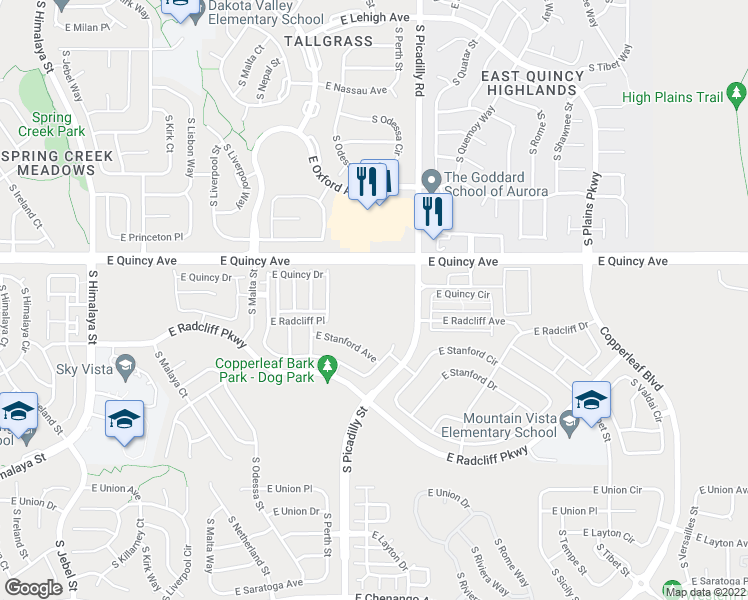 map of restaurants, bars, coffee shops, grocery stores, and more near 22004 East Quincy Avenue in Aurora