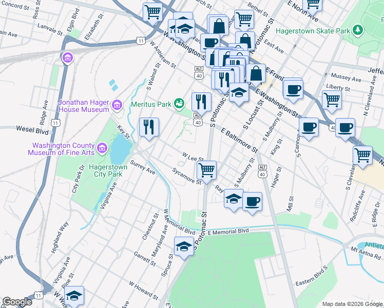 map of restaurants, bars, coffee shops, grocery stores, and more near 36 West Lee Street in Hagerstown