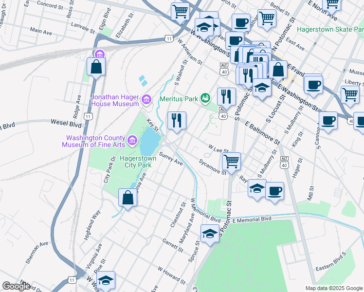map of restaurants, bars, coffee shops, grocery stores, and more near 334 Summit Avenue in Hagerstown