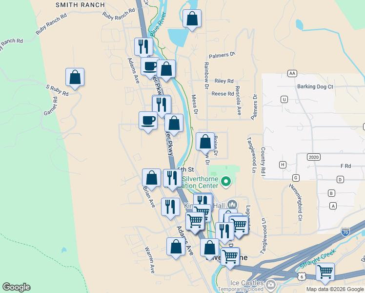 map of restaurants, bars, coffee shops, grocery stores, and more near 740 Blue River Parkway in Silverthorne