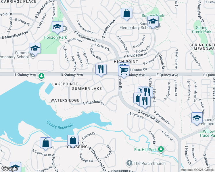 map of restaurants, bars, coffee shops, grocery stores, and more near 19081 East Quinn Place in Aurora