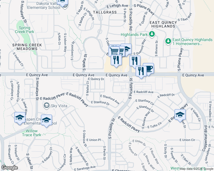 map of restaurants, bars, coffee shops, grocery stores, and more near 4343 South Picadilly Street in Aurora