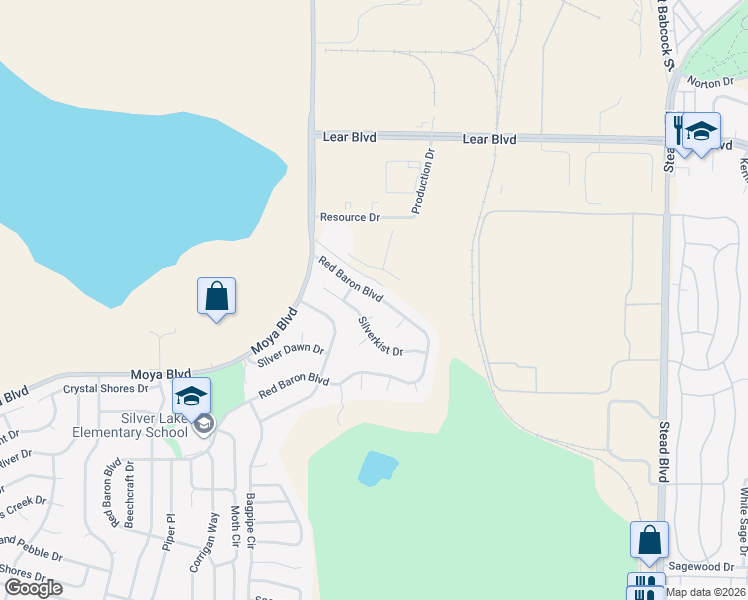 map of restaurants, bars, coffee shops, grocery stores, and more near 9285 Red Baron Boulevard in Reno