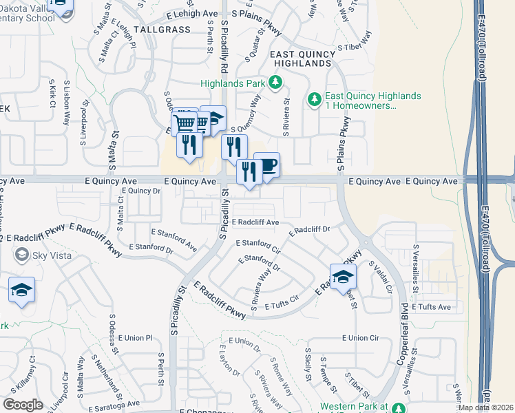 map of restaurants, bars, coffee shops, grocery stores, and more near 21882 East Quincy Circle in Aurora
