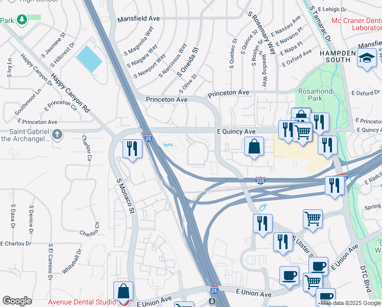map of restaurants, bars, coffee shops, grocery stores, and more near 4363 South Quebec Street in Denver