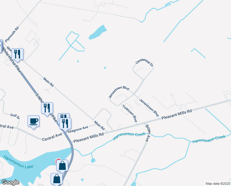 map of restaurants, bars, coffee shops, grocery stores, and more near 219 Jamestown Boulevard in Hammonton