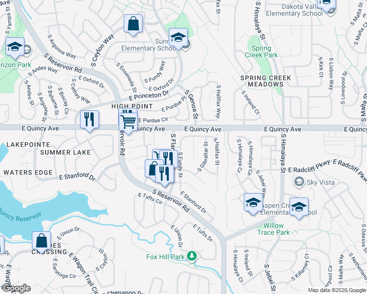 map of restaurants, bars, coffee shops, grocery stores, and more near 19623 East Quincy Place in Centennial