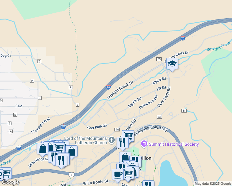 map of restaurants, bars, coffee shops, grocery stores, and more near 390 County Road 58 in Dillon