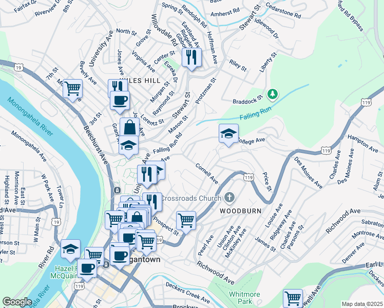 map of restaurants, bars, coffee shops, grocery stores, and more near 916 Jacobs Street in Morgantown