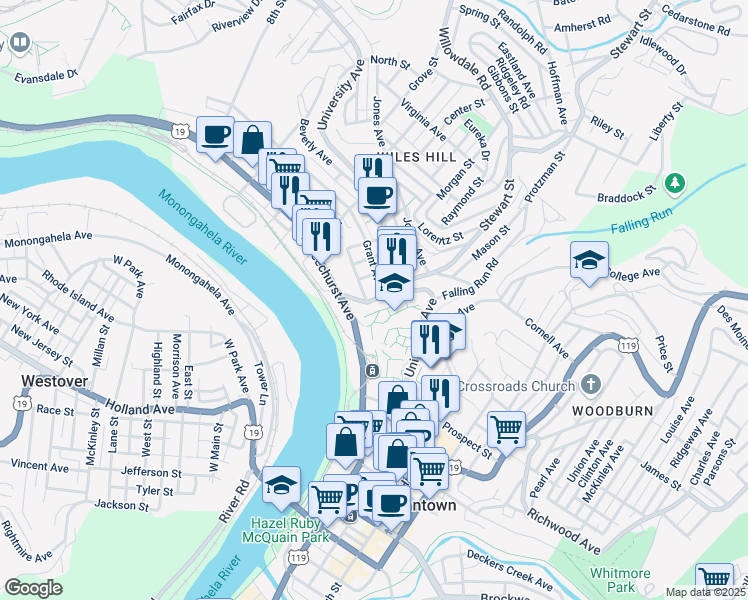 map of restaurants, bars, coffee shops, grocery stores, and more near 203 Grant Avenue in Morgantown