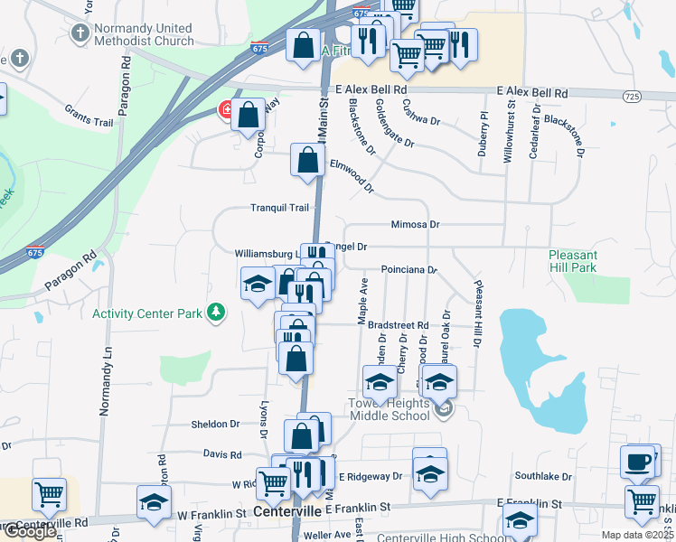 map of restaurants, bars, coffee shops, grocery stores, and more near 330 North Main Street in Centerville