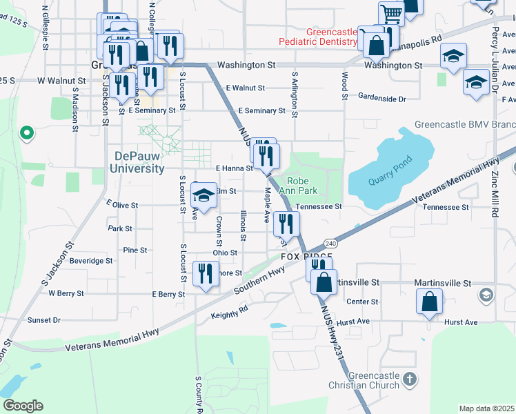 map of restaurants, bars, coffee shops, grocery stores, and more near 500 Maple Avenue in Greencastle