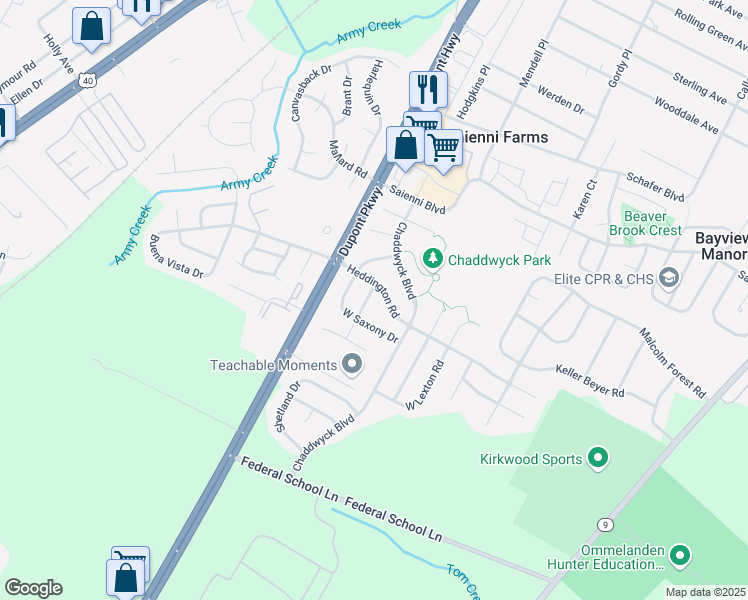 map of restaurants, bars, coffee shops, grocery stores, and more near 5 Westbury Drive in New Castle