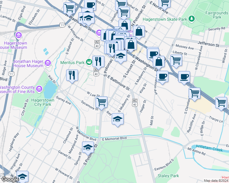 map of restaurants, bars, coffee shops, grocery stores, and more near 235 South Locust Street in Hagerstown