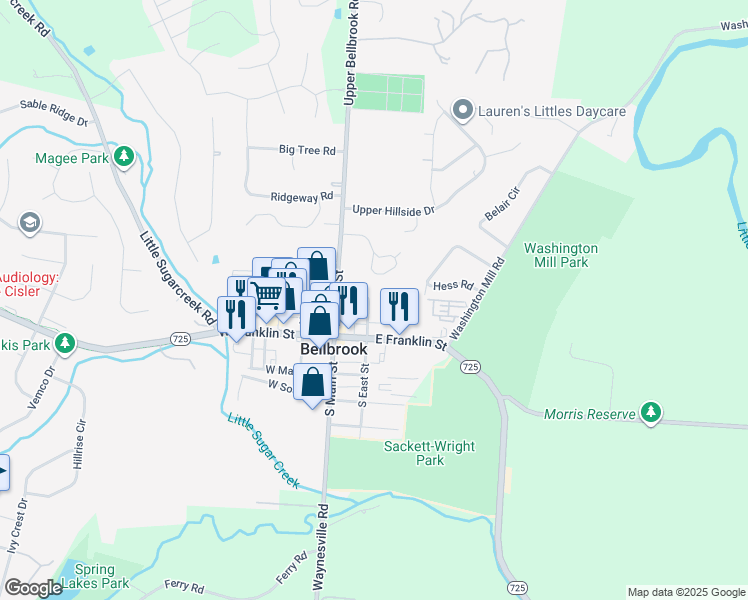 map of restaurants, bars, coffee shops, grocery stores, and more near 41 North East Street in Bellbrook