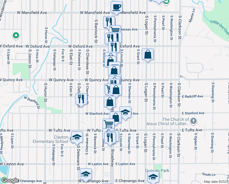 map of restaurants, bars, coffee shops, grocery stores, and more near 4361 South Broadway in Englewood
