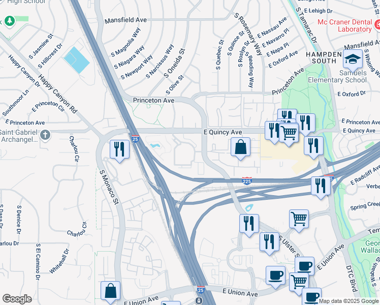 map of restaurants, bars, coffee shops, grocery stores, and more near 4369 South Quebec Street in Denver