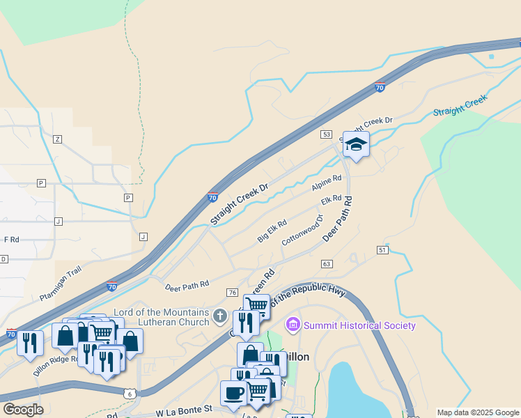 map of restaurants, bars, coffee shops, grocery stores, and more near 171 Alpine Road in Silverthorne