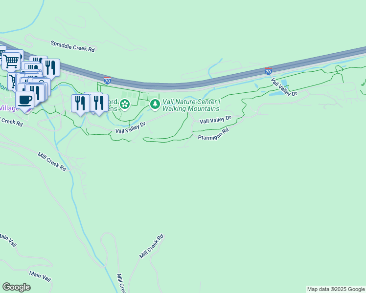 map of restaurants, bars, coffee shops, grocery stores, and more near 225 Wall Street in Vail