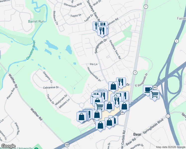 map of restaurants, bars, coffee shops, grocery stores, and more near Honeysuckle Drive in Newark