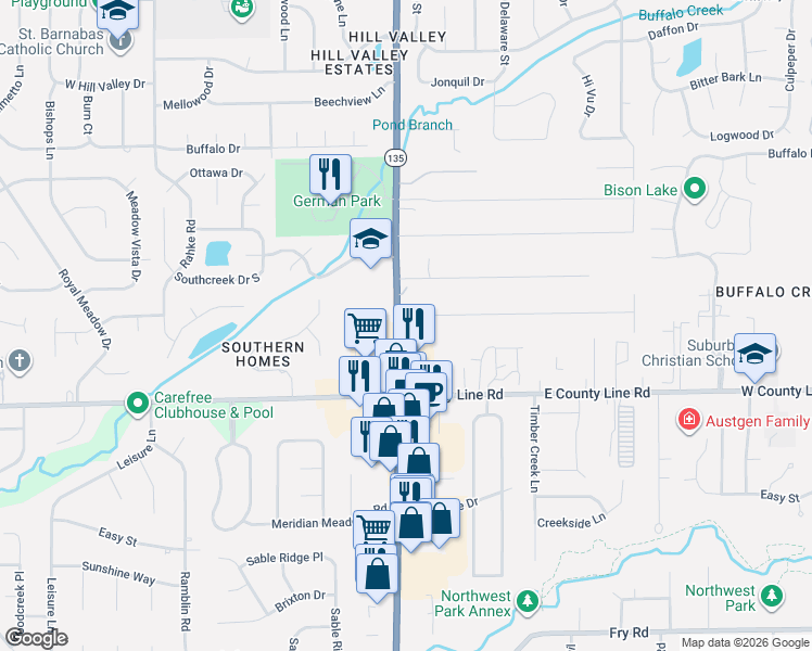 map of restaurants, bars, coffee shops, grocery stores, and more near 8901 South Meridian Street in Indianapolis