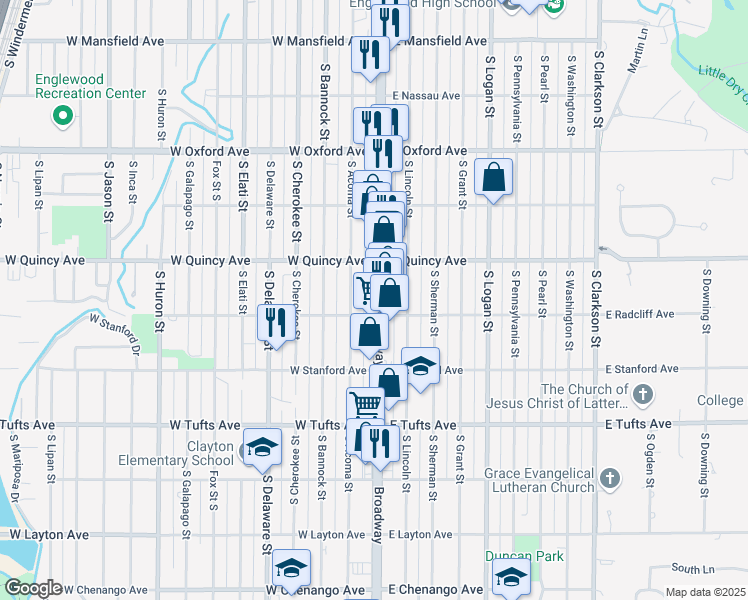 map of restaurants, bars, coffee shops, grocery stores, and more near 4361 South Broadway in Englewood