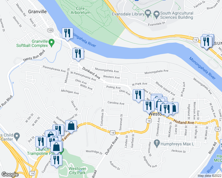 map of restaurants, bars, coffee shops, grocery stores, and more near 146 Ohio Avenue in Westover