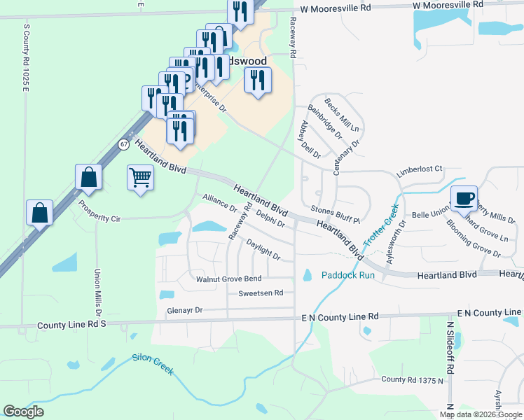map of restaurants, bars, coffee shops, grocery stores, and more near 10878 Delphi Drive in Hendricks County