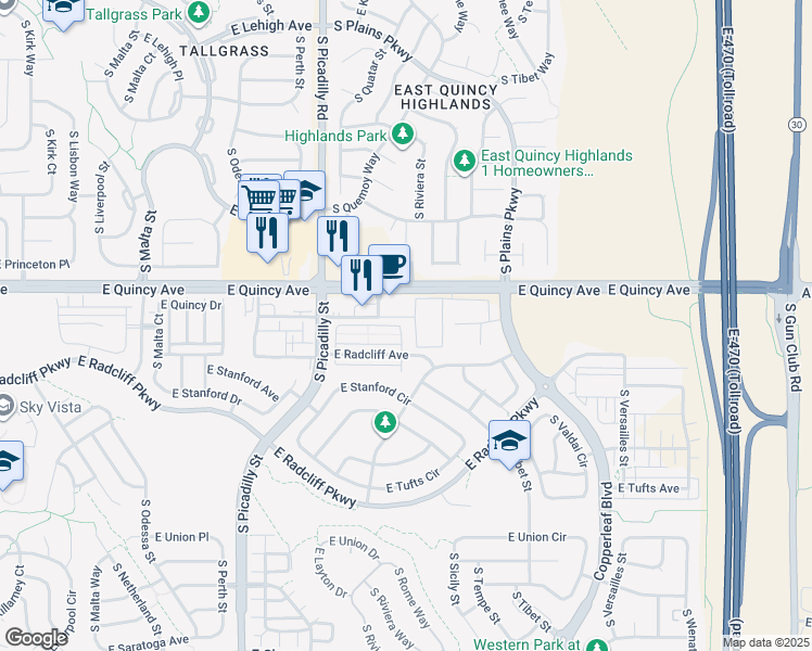 map of restaurants, bars, coffee shops, grocery stores, and more near 21947 East Quincy Circle in Aurora