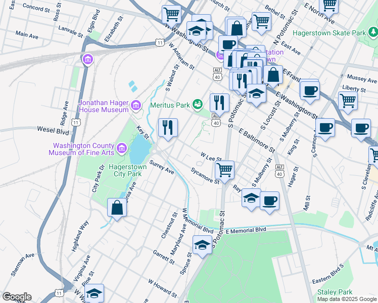 map of restaurants, bars, coffee shops, grocery stores, and more near 87 West Lee Street in Hagerstown