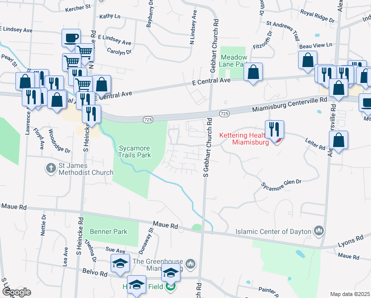 map of restaurants, bars, coffee shops, grocery stores, and more near 1920 Leiter Road in Miamisburg