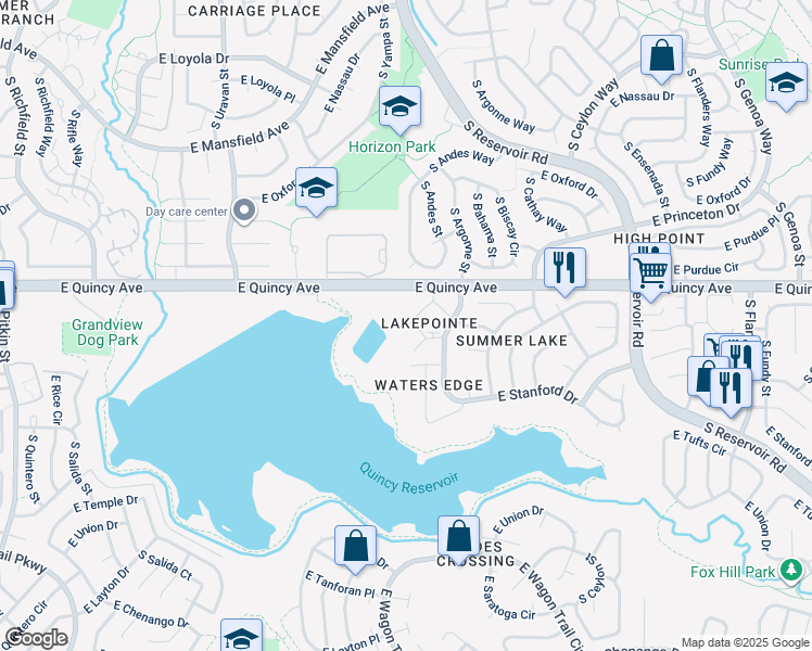 map of restaurants, bars, coffee shops, grocery stores, and more near 75 South Andes Way in Aurora