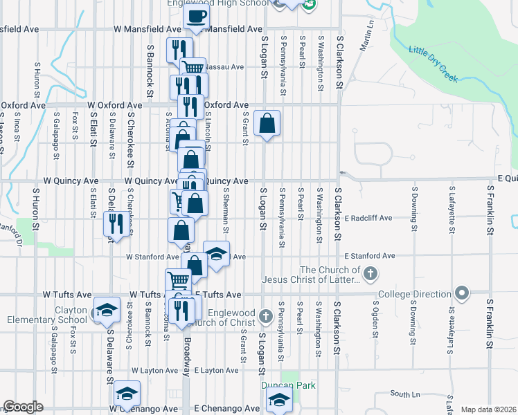 map of restaurants, bars, coffee shops, grocery stores, and more near 4365 South Logan Street in Englewood